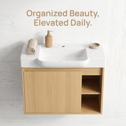 28" Bathroom Vanity with Sink, Wall-Mounted Cabinet, Light Oak | Ceramic Sink, Soft-Close Door & 2 Open Storage Shelves, Modern Farmhouse Sink Cabinet, Easy to Clean for Small Bathroom