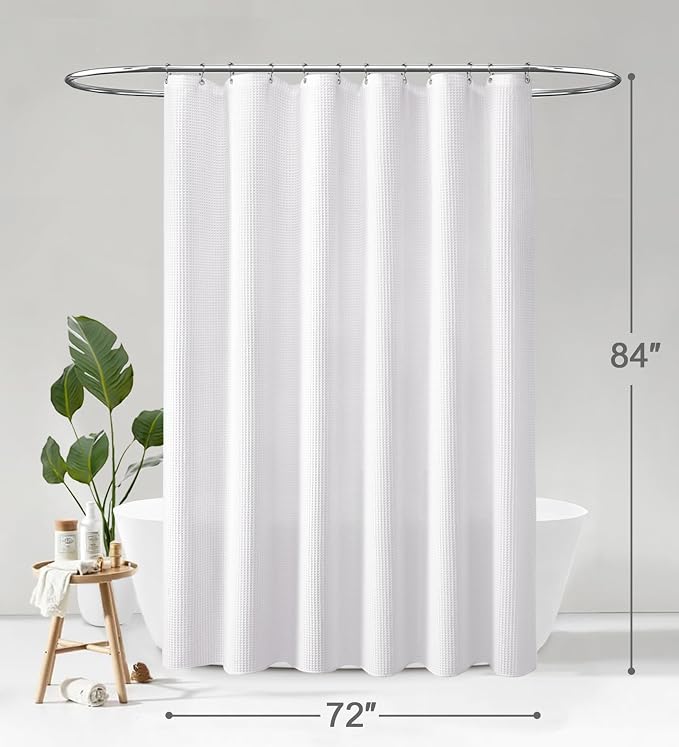 Extra Long Waffle Shower Curtain Heavyweight Cotton Fabric White 72Wx84L | Soft Cotton Cloth,3D Square Truely Waffle Washable, Hotel Luxury Spa, Shower Curtain Set for Bathroom 12 Plastic Hooks