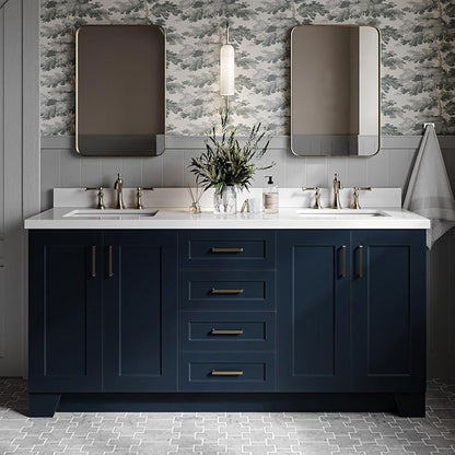 DKB Emilia 72 Inch Bathroom Vanity Double Sink — Midnight Blue Bathroom Vanity with Sink, 1.5" Edge Pure White Quartz Countertop & Backsplash, 4 Soft-Close Doors, and 6 Dovetail Drawers