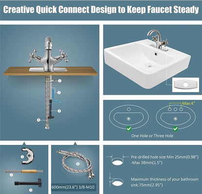 Aolemi Bathroom Sink Faucet Single Hole Cold and Hot Double Handle Cross Knobs Vanity Vessel Sink Basin Mixer Tap with Deck Cover Plate Without Pop Up Drain Polish Chrome