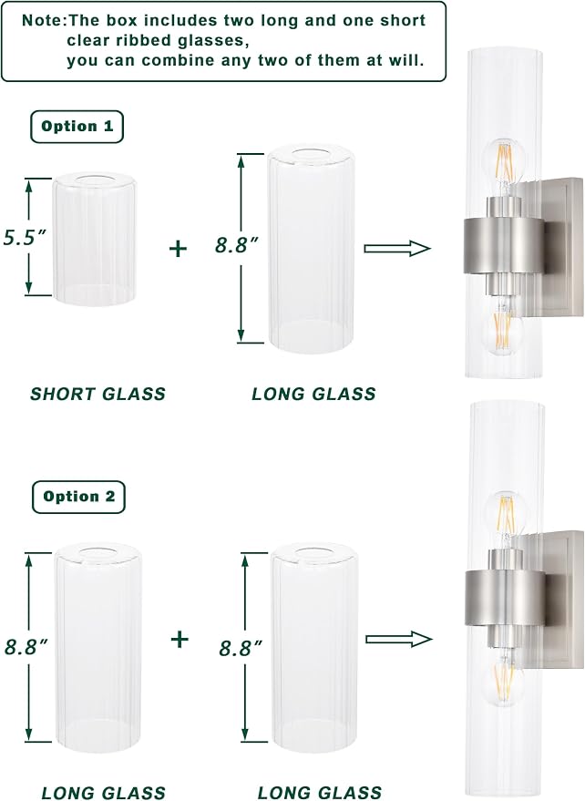 Modern Bathroom Sconces Wall Lighting with Clear Ribbed Glass, Brushed Nickel 2-Light Bathroom Vanity Light Fixtures for Mirror Living Room Hallway Bedroom
