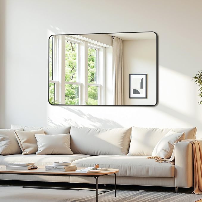 Bathroom Mirror 48" x 30", Large Rectangle Wall Mirror, Black Metal Frame Wall Mounted Mirrors for Bathroom, Vanity, Bedroom, Entryway Decor(Horizontal/Vertical)