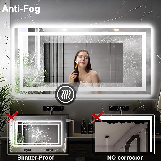 EchosLife 72"x36" Bathroom Mirror with Lights | Backlit + Front Lit, Anti-Fog, Stepless Dimmable, 3 Colors, Memory, Tempered Glass, UL Listed, Horizontal/Vertical