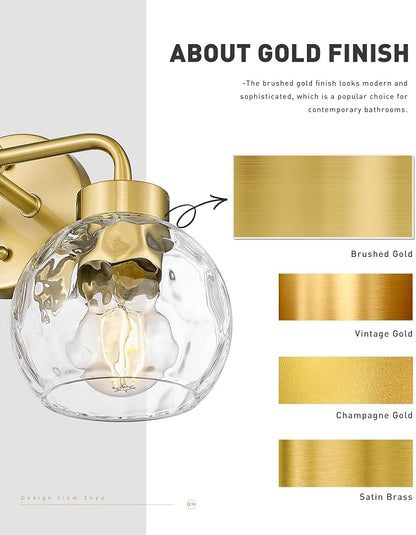 zeyu 2-Light Gold Globe Vanity Light, Water Ripple Glass, ZS62BG-2W BG-WG | Bathroom Lighting Fixtures Over Mirror, Water Ripple Globe Glass, Brushed Gold Finish, Metal And Glass Construction