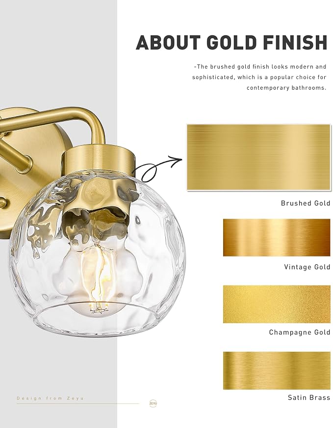 zeyu Brushed Gold 23-Inch 3-Light Bathroom Vanity Lighting, ZS62BG-3W BG-WG | Bathroom Wall Light Fixtures, 3 E26 Bulbs Up To 60W Each, Up/Down Mount, Water Ripple Globe Glass, For Bathroom Mirror