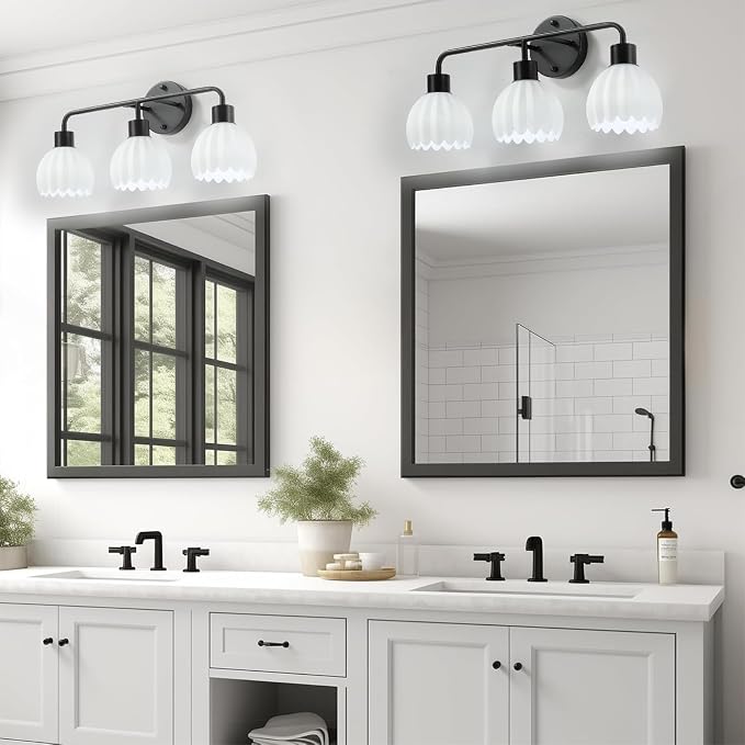 Black 3-Light Vanlity Light Over Mirror,Wall Sconces,Modern Bathroom Light Fixture with Milk White Glass Flower Shade,E26 Socket(Bulbs Not Included)