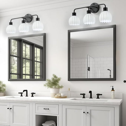 Black 3-Light Vanlity Light Over Mirror,Wall Sconces,Modern Bathroom Light Fixture with Milk White Glass Flower Shade,E26 Socket(Bulbs Not Included)