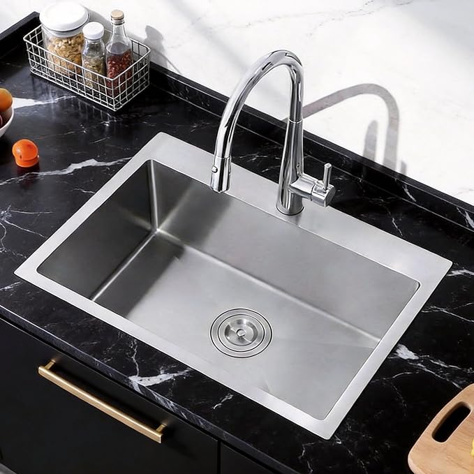 28x18 Inch Drop In Kitchen Sink, Topmount Stainless Steel Brushed Nickel Single Bowl Kitchen Sink, Extra-thick 16 Gauge Kitchen Sinks For RV Laundry Utility with Basket Strainer