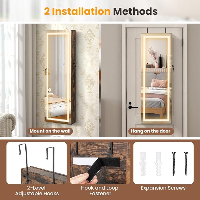 GOFLAME LED Mirror Jewelry Cabinet 42.5”, Wall/Door Mounted Full Length Mirror with Storage, 3-Color Lights, Interior Makeup Mirror, Jewelry Storage Organizer, Lockable Jewelry Armoire, Rustic Brown