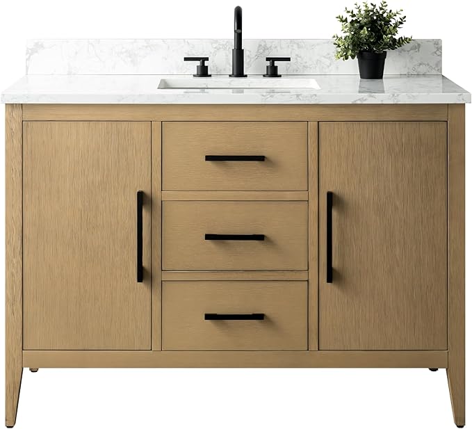 HomeBeyond 48 Inch Bathroom Vanity with Sink & Ceramic Top, Single Vanity Cabinet with Basin, Soft-Closing Doors & Matte Black Hardware, Natural Oak