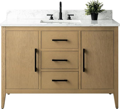 HomeBeyond 48 Inch Bathroom Vanity with Sink & Ceramic Top, Single Vanity Cabinet with Basin, Soft-Closing Doors & Matte Black Hardware, Natural Oak