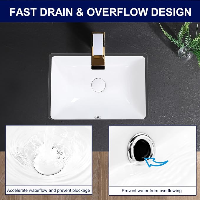 Undermount Bathroom Sink 18x13 Inch Vessel Sink White Porcelain Ceramic Under Counter Lavatory Vanity Sink Basin Rectangular Undermount Sinks with Overflow