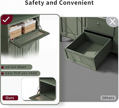ChooChoo Bathroom Cabinet with Flip Glass Drawer,Freestanding | Adjustable Shelf & 1 Open Storage, Living Room, Hallway, Green