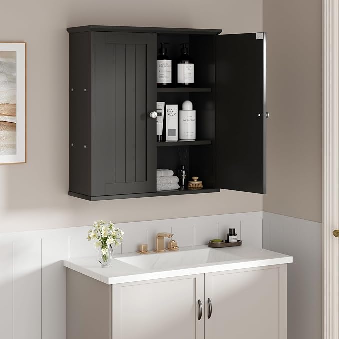 Shintenchi Bathroom Wall Medicine Cabinet, Over The Toilet Storage, Black | Bathroom Storage Organizer Cupboard, with 2 Magnet Door and 3-Tier Shelves, Space Saving, Easy to Assemble & Clean