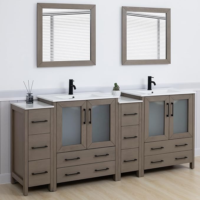 Vanity Art 84 Inch Under Mount Double Sink Bathroom Vanity Cabinet with 2 Mirrors, Ceramic Top Bathroom Cabinet Compact Set with 10 Dovetail Storage Drawers and Matte Black Handles, VA3030-84-DG