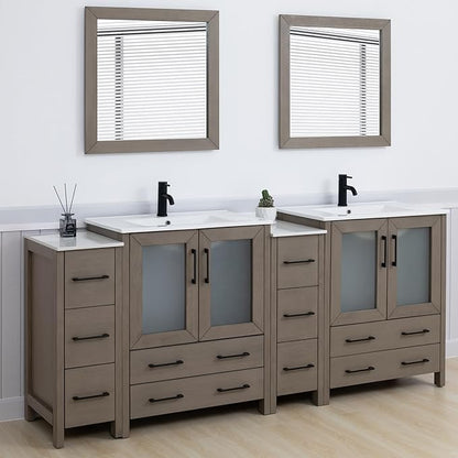 Vanity Art 84 Inch Under Mount Double Sink Bathroom Vanity Cabinet with 2 Mirrors, Ceramic Top Bathroom Cabinet Compact Set with 10 Dovetail Storage Drawers and Matte Black Handles, VA3030-84-DG