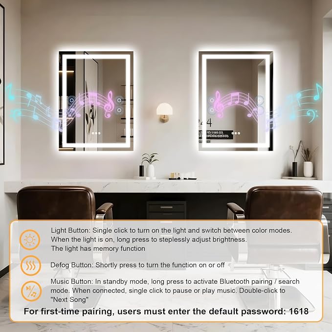 20"x28" LED Bathroom Mirror with Lights,Bluetooth Dual Speaker | Anti-Fog,3 Color Temperature,Dimmable Brightness,Memory Function,Waterproof,Wall Mount Design,Tempered Glass
