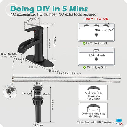 Matte Black Waterfall Bathroom Faucets, 1 Hole or 3 Hole (4 Inch) Bathroom Sink Faucet with Drain, Deck Plate, 1 Handle for Vanity, Restroom, RV, Modern, Brass Material
