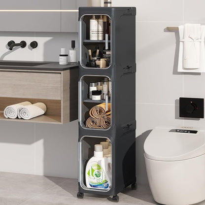 3 Tier Slim Bathroom Storage Cabinet, Foldable and Movable, Black | Tools Free, ABS and PET, Magnetic Clear Door, Adjustable Shelves, Lockable Wheels, Water Resistant, For Narrow Space