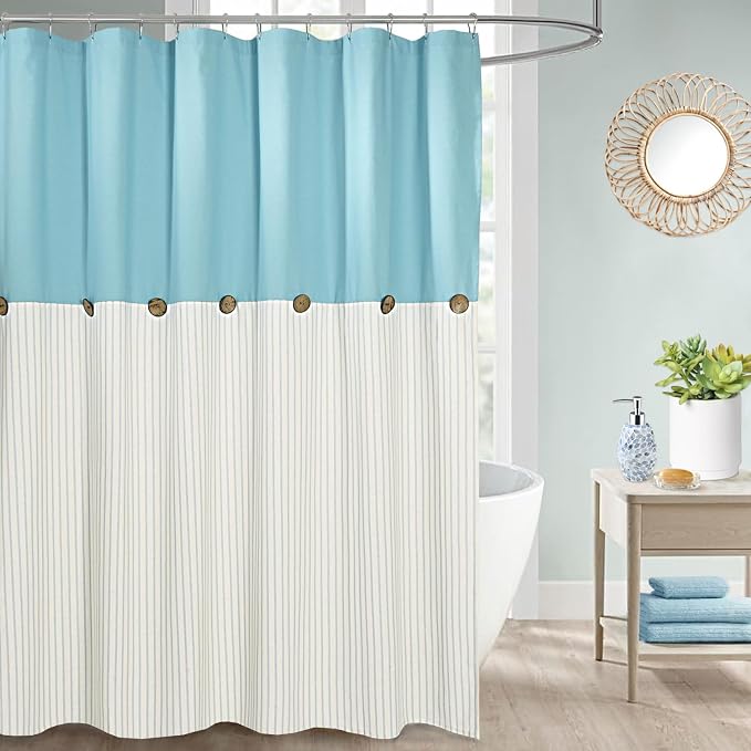 DOSLY Ides Farmhouse Teal Shower Curtain for Bathroom, Beige and Teal Stripe, Button Curtain, Cotton Blend Woven Fabric, Rustic Charm Country Chic Style, 72x72 in
