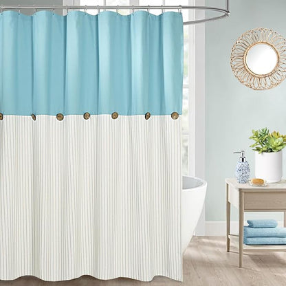 DOSLY Ides Farmhouse Teal Shower Curtain for Bathroom, Beige and Teal Stripe, Button Curtain, Cotton Blend Woven Fabric, Rustic Charm Country Chic Style, 72x72 in