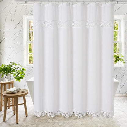 Linen Boho Lace Shower Curtain Liner Set 72x84 | Extra Long Farmhouse Shower Curtain with Macrame Decor, Cotton Bohemian French Country Bath Curtain , White