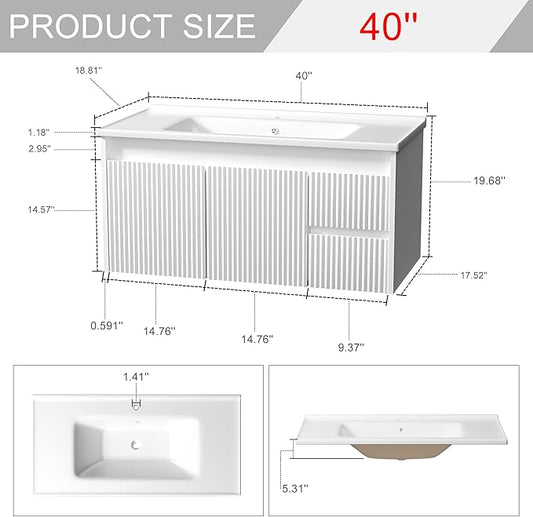Floating Bathroom Vanity 40 Inch, Wall Mounted Bathroom Vanity with Ceramic Sink and 2 Drawers for Storage, Modern Wave-Carved Design Wooden Sink Cabinet, White