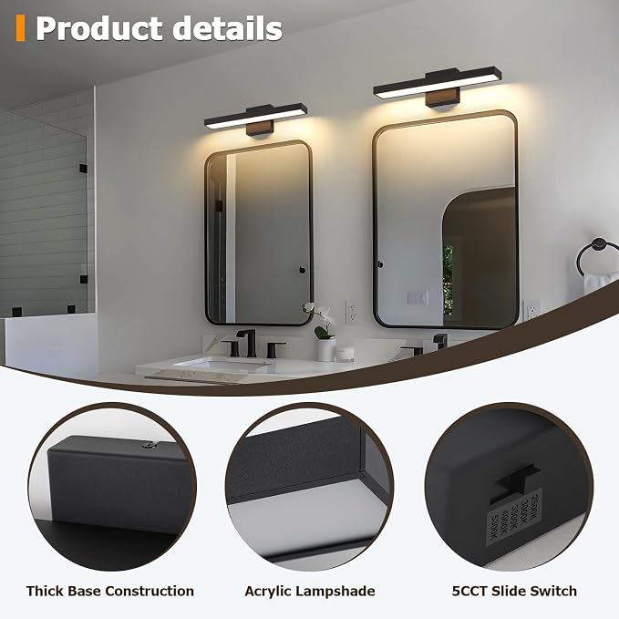 Joosenhouse Black Vanity Light for Bathroom 5CCT Dimmable LED Bath Light | Modern Bathroom Light Bar for Makeup Mirror 16.53 Inch 16W