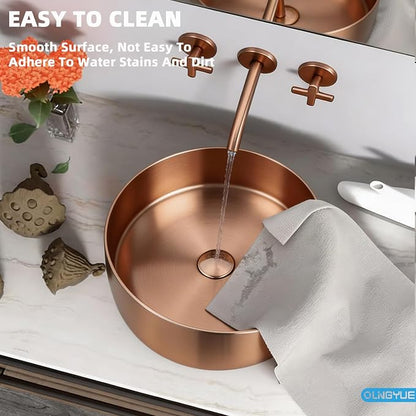 Round Metal Bathroom Vessel Sink: 16" Modern Lavatory Basin - Rose Gold | Above Counter Vanity Washbasin with Stainless Steel PVD Nano Coating Pop Up Drain for Home Hotel Office Toilet Renovation