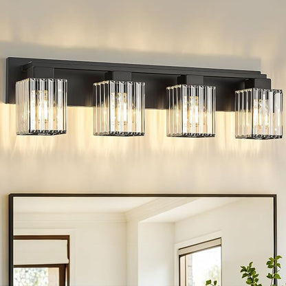 29.53" Bathroom Light Fixtures, Black Vanity Light Over Mirror | 4-Light Wall Sconces with Square Crystal Shades, E26 Socket, Modern Vanity Lights for Bathroom (Bulbs Not Included)