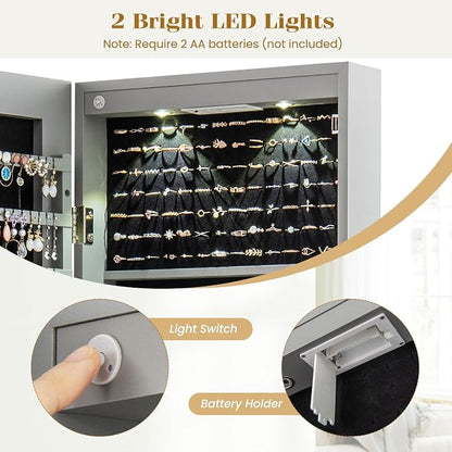 COSTWAY Wall Door Mounted Jewelry Armoire with 47.5" Full Length Mirror & 2 LED Lights, Large Storage Capacity, Lockable Mirror Jewelry Cabinet for Women Girls (Gray)