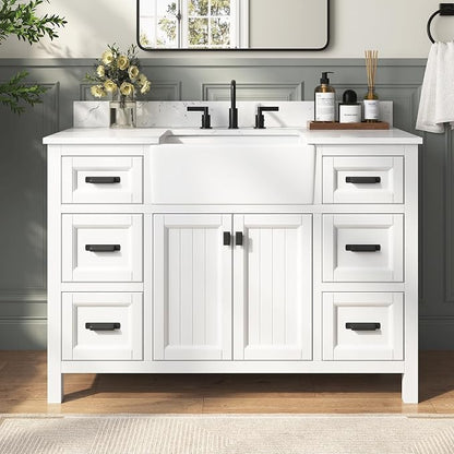 48 Inch White Bathroom Vanity with Sink, Farmhouse Bathroom Sink Cabinet with Soft Closing Doors & Dovetail Drawers, Single Apron Farm Sink, No Assembly Required