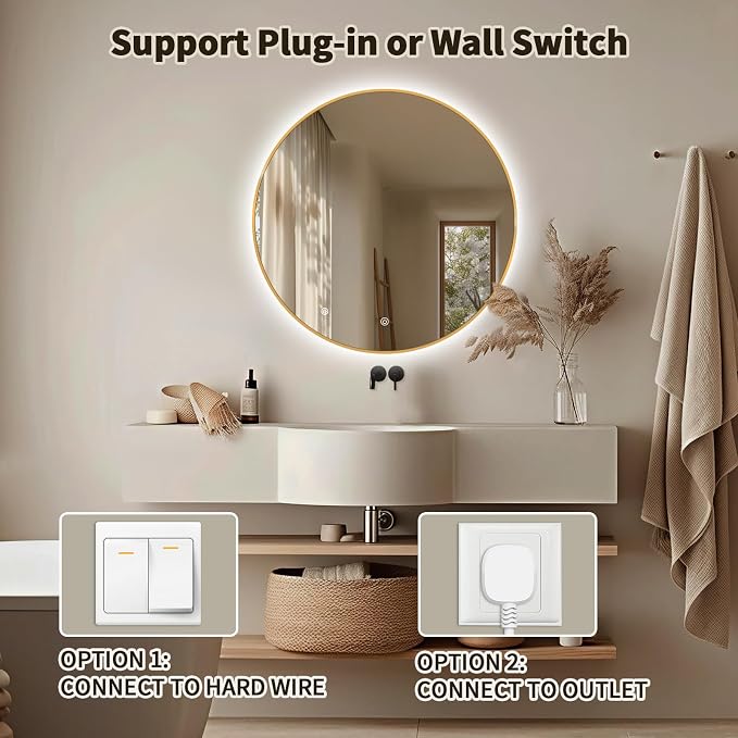 Niccy Round LED Bathroom Mirrors, Gold Framed Backlit Vanity Mirror, 28" | LED Smart Circle Mirror with 3 Color Lighting, Anti-Fog Lighted, IP65 Waterproof, Wall Mounted Bathroom Vanity