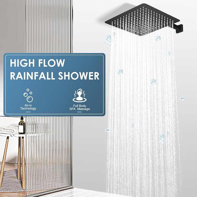 12 inch Matte Black Rain Shower Head - All Metal 304 Stainless Steel, Full Body Rainfall Shower with 144 Silicone Nozzles - Square Showerheads Ceiling or Wall Mount Modern Bathroom