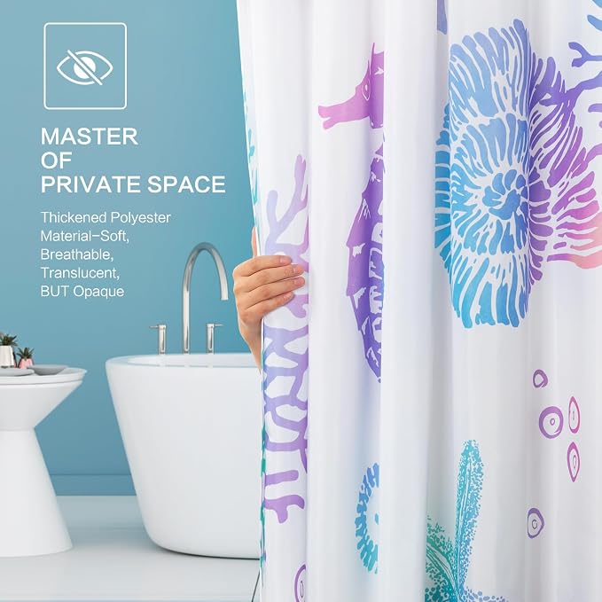 Nautical Coastal Shower Curtain, Beach Shower Curtains Sea Horse Coral Turtle Starfish Seashell Conch Ocean Themed Kids ShowerCurtain Set Polyester Fabric Machine Washable Decor Bath curtains