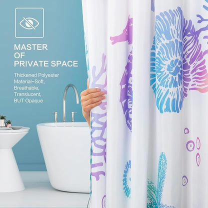 Nautical Coastal Shower Curtain, Beach Shower Curtains Sea Horse Coral Turtle Starfish Seashell Conch Ocean Themed Kids ShowerCurtain Set Polyester Fabric Machine Washable Decor Bath curtains