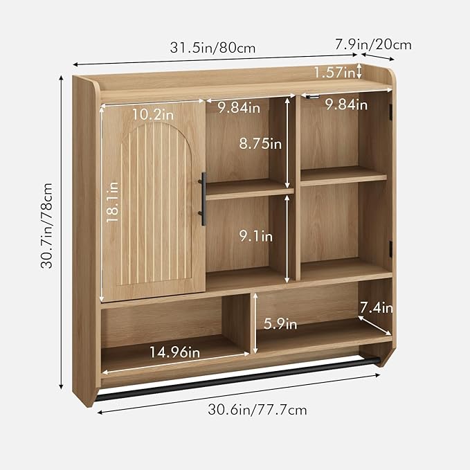 RUSTOWN Fluted Bathroom Wall Cabinet, Mid-Century Modern Medicine Cabinet with Adjustable Shelves & Towel Bar,3-Tier Wall Mounted Cabinets, Over The Toilet Storage Cabinets for Bathroom, Natural Oak