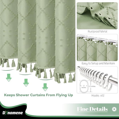 Extra Long Boho Shower Curtain Tufted Geometric 72"x84" Sage Green | 84 Inch Tall, Elegant Tassel, Lightweight Textured Fabric, Water Repellent, Washable, Hotel Spa, for Bathroom/Dorm 12 Hooks