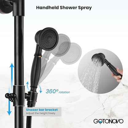 gotonovo Exposed Bathroom Shower Faucet Wall Mounted Shower System 8 Inch Shower Head and Tub Spout Double Cross Handles Adjustable Handheld Sprayer Curved Pipe Oil Rubbed Bronze