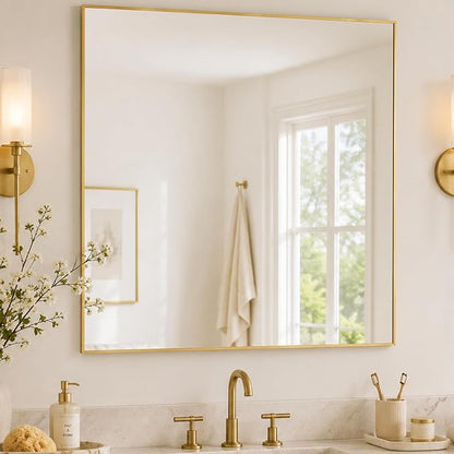 36"x36" Brushed Gold Framed Square Bathroom Vanity Wall Mirror | Accent Wall Mirror, Square Geometric Look, Slim Metal Frame, Living Room or Entryway, Keyhole Mount, Tempered Glass