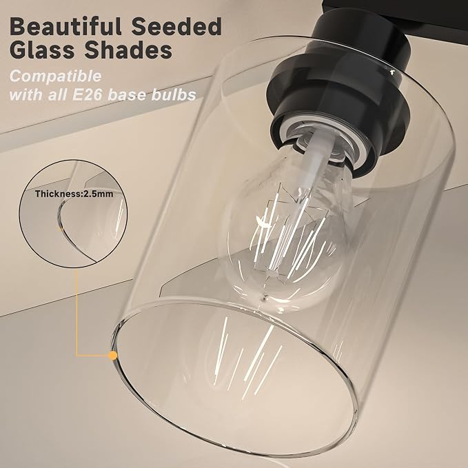 Hasipu Modern Bathroom Light Fixtures, 4 Light Black Vanity Lights | HD Clear Round Glass Shade, Durable Metal, Standard E26 Socket, Easy Installation, Farmhouse Bathroom Lighting