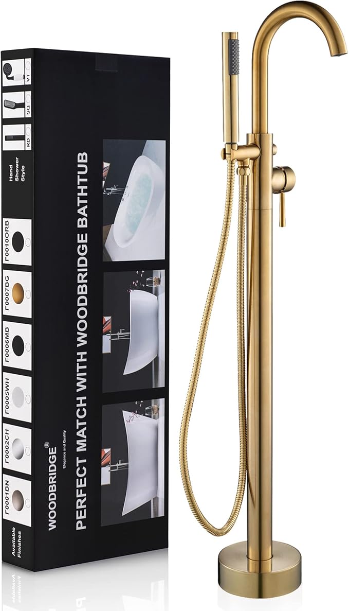 WOODBRIDGE Contemporary Single Handle Floor Mount Freestanding Tub Filler Faucet with Hand shower in Brushed Gold Finish, F0007BGRD