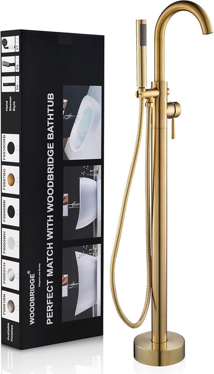 WOODBRIDGE Contemporary Single Handle Floor Mount Freestanding Tub Filler Faucet with Hand shower in Brushed Gold Finish, F0007BGRD