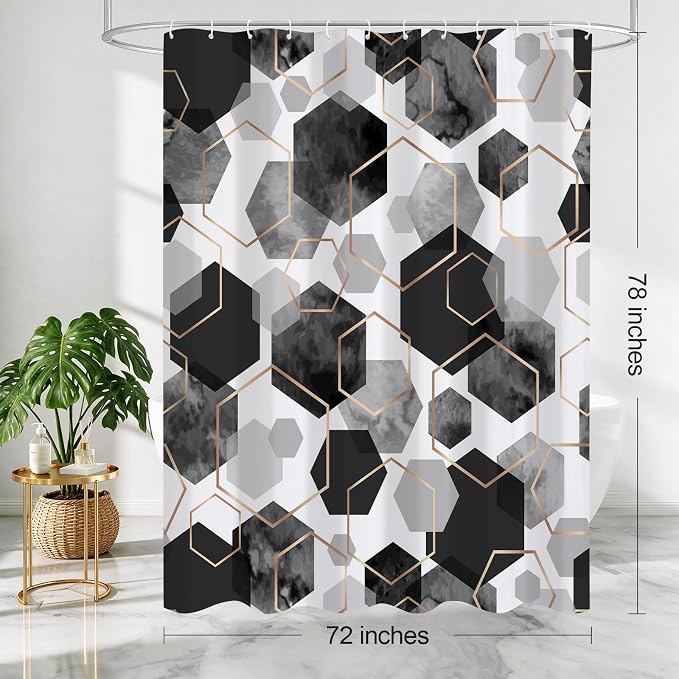 Litabel Long Shower Curtain for Bathroom, Geometric Bathroom Decor 72x78 | Long Modern Minimalist Shower Curtais, Black Geometric Art Print Abstract Waterproof Bath Curtain
