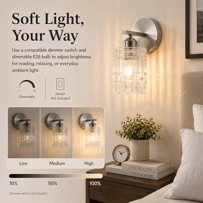 2-Pack Nickel Crystal Bathroom Vanity Lights, 1-Light Wall Sconce Fixture for Over Mirror, Modern Wall Mount for Bathroom, Bedroom, Hallway