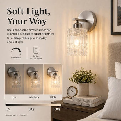 2-Pack Nickel Crystal Bathroom Vanity Lights, 1-Light Wall Sconce Fixture for Over Mirror, Modern Wall Mount for Bathroom, Bedroom, Hallway