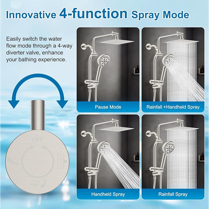 Metal 10" Rain Showerhead with 10-Spray Filter Handheld, 4-way Diverter | Brushed Nickel Finish, NSF/ANSI/CAN 372 Certified, High Pressure Shower Head with Pause Mode, 71" Hose/12" Extension Arm
