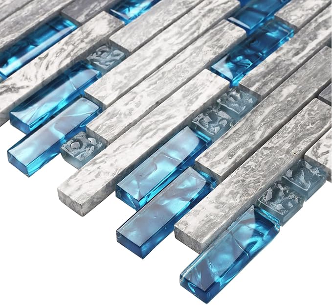 Gray Marble Tile for Kitchen Backsplash 12 in. x 12 in. x 8 mm Teal Blue Glass Mosaic Bathroom Shower Wall Linear Tiles (Pack of 5 Sheets)