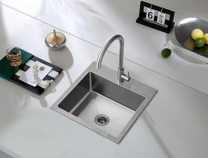 15"x15" Drop-In Single Bowl Bar Sink T-304 Stainless Steel 1-Hole | 15 inch Drop-in Sink | T-304 SS Square Sink| 1 Faucet Hole | 2" Drain Hole | Handmade | Camper/Boat/Small Kitchen