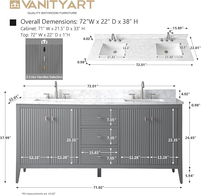Vanity Art 72 inch Bathroom Vanity with Double Sink & Ceramic Top, Vanity Cabinet with Soft-Closing Door, Solid Wood Frame, Linear Pattern, Cashmere Gray, VA9172-DG-MB,Matte Black Handles